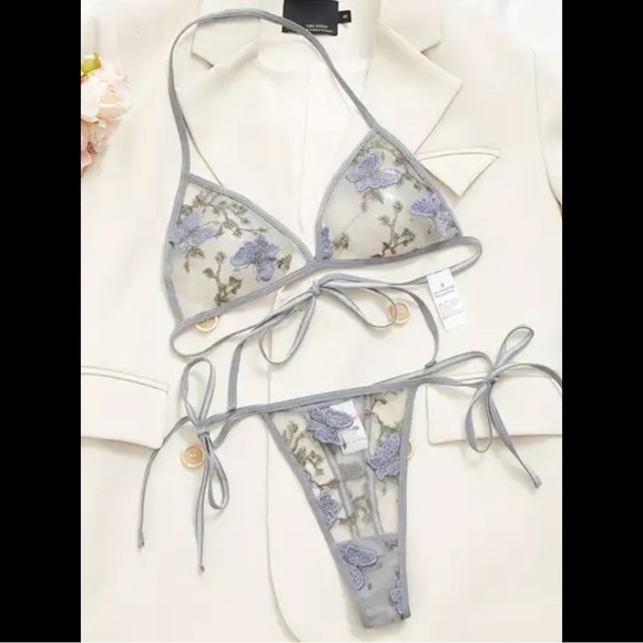 Gray Periwinkle, Embroidered Butterfly, Lingerie Set - Picture 5 of 8